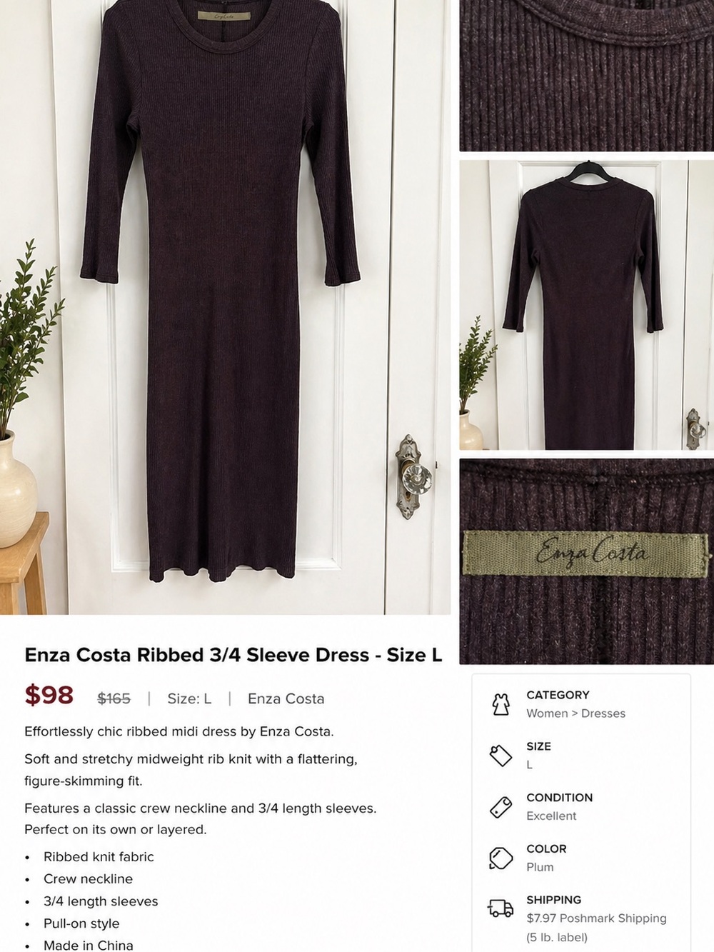 Enza Costa Plum Ribbed Crewneck 3/4 Sleeve Midi Dress
